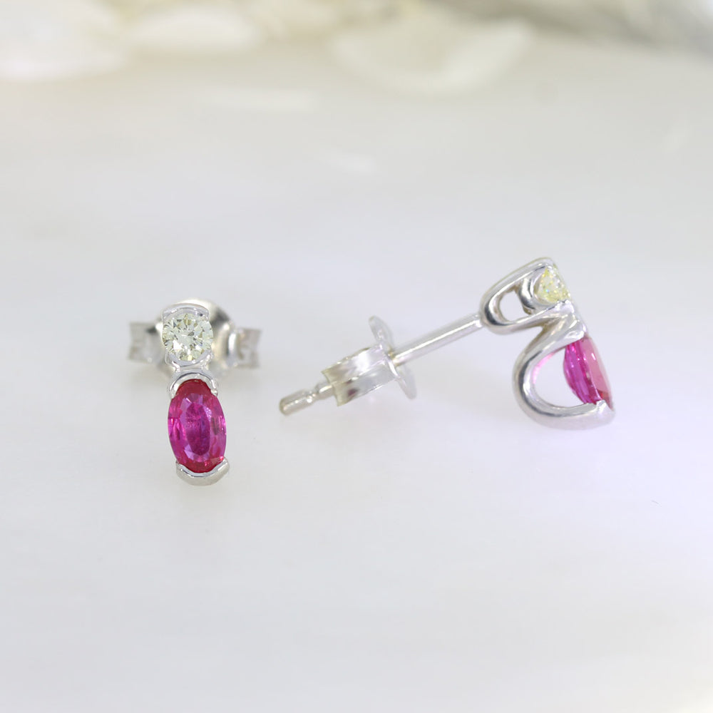 9ct White Gold Oval Ruby & Round Diamond Trap Set Stud Earrings