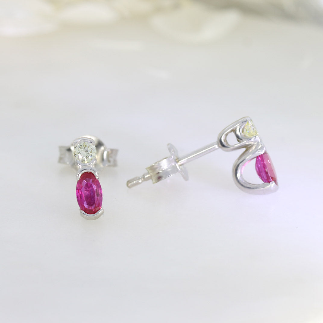 9ct White Gold Oval Ruby & Round Diamond Trap Set Stud Earrings