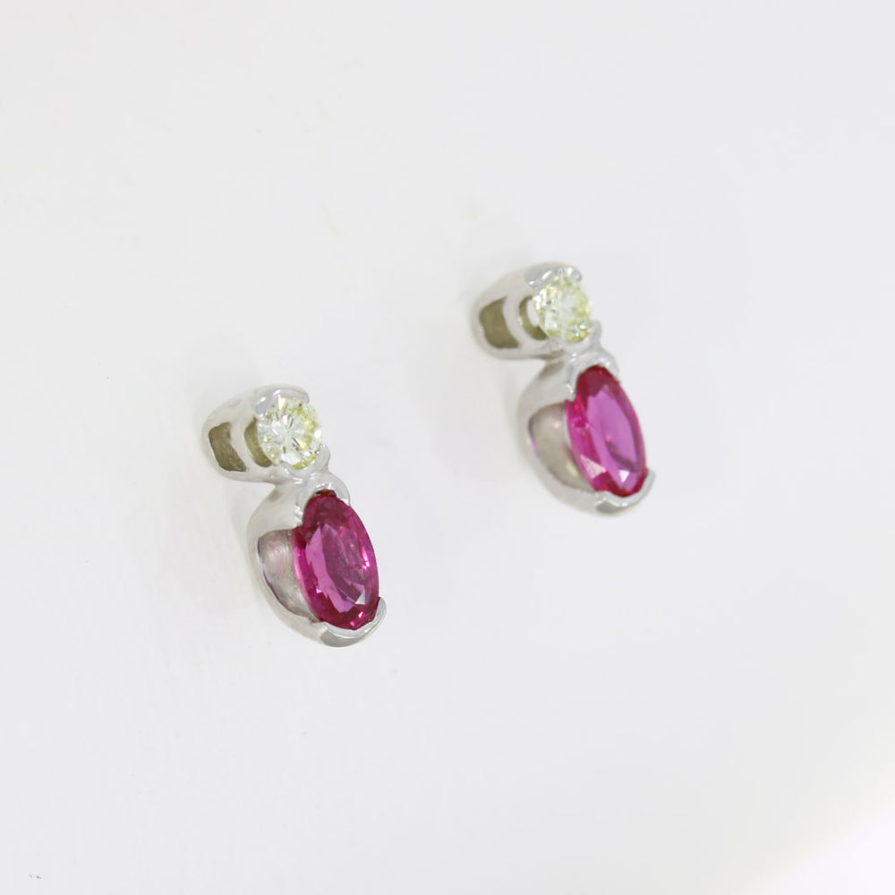 9ct White Gold Oval Ruby & Round Diamond Trap Set Stud Earrings