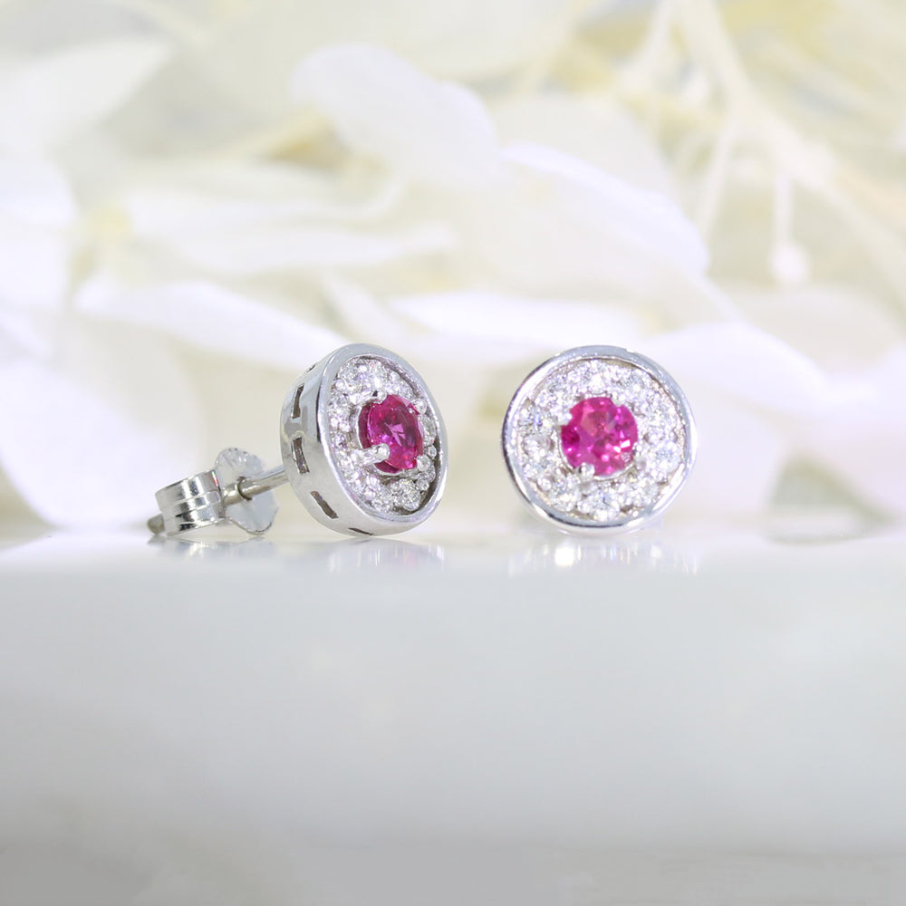 18ct White Gold Ruby and Diamond Halo Earrings