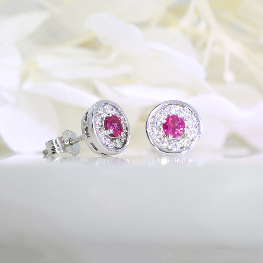 18ct White Gold Ruby and Diamond Halo Earrings