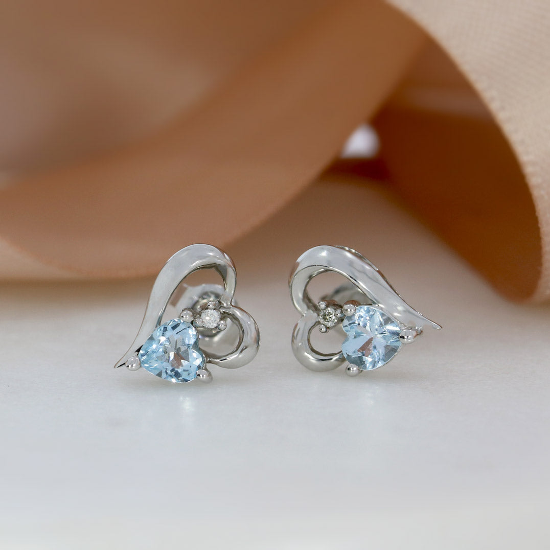 9ct White Gold Heart Shaped Earrings with Blue Topaz and Diamond