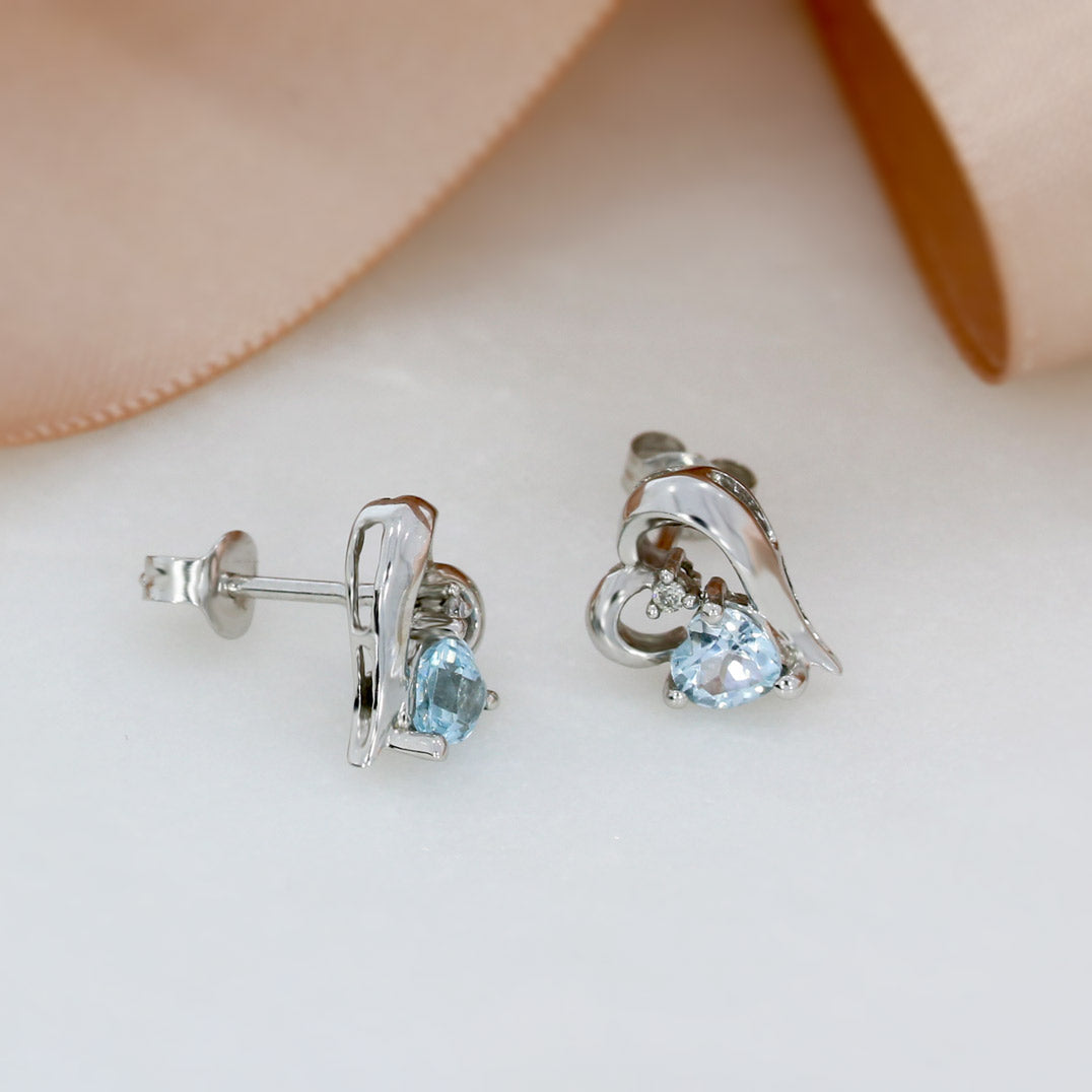 9ct White Gold Heart Shaped Earrings with Blue Topaz and Diamond
