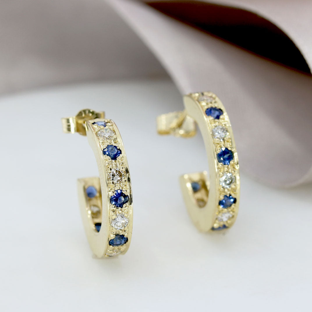 9ct Gold Sapphire & Diamond Chunky Half Hoop Earrings