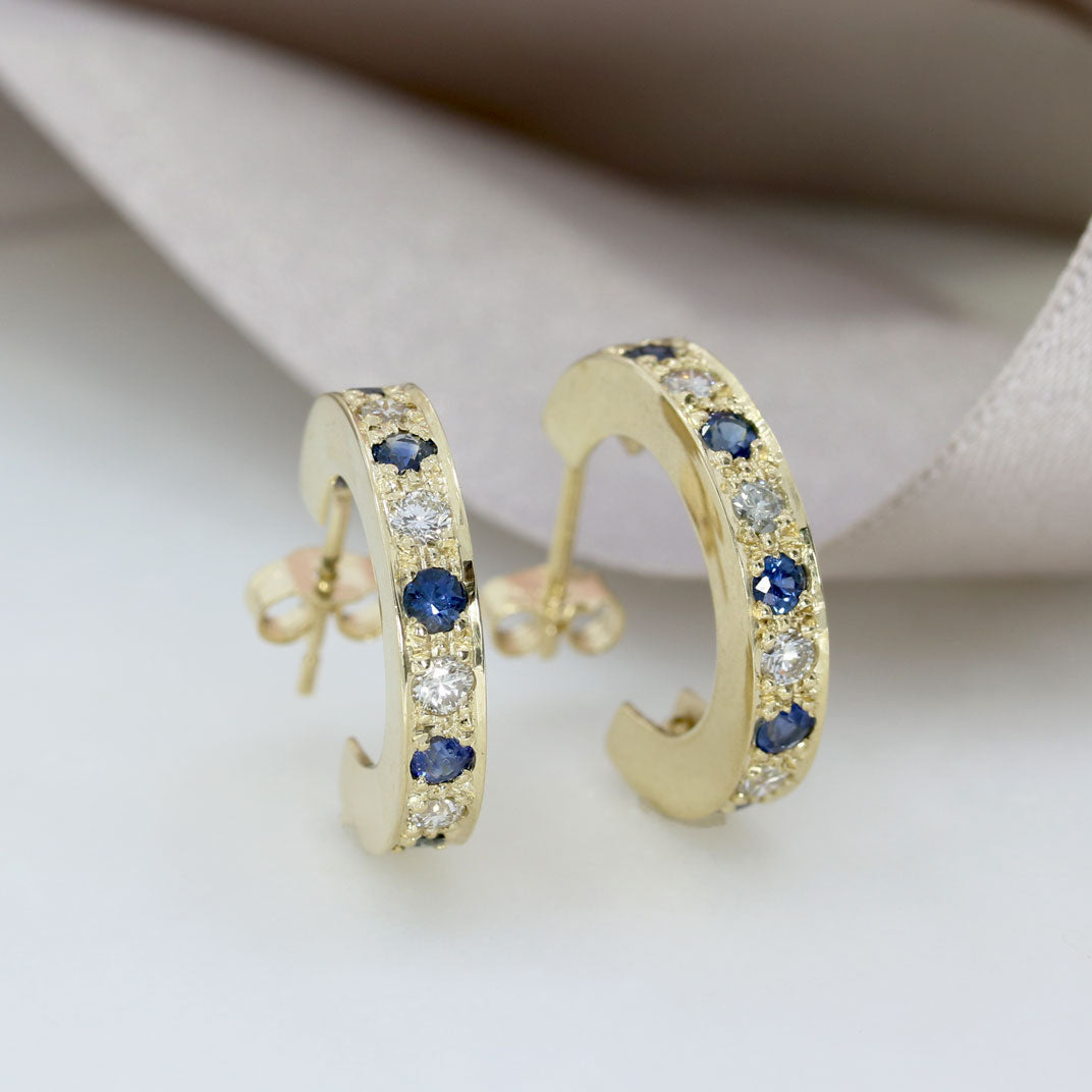 9ct Gold Sapphire & Diamond Chunky Half Hoop Earrings