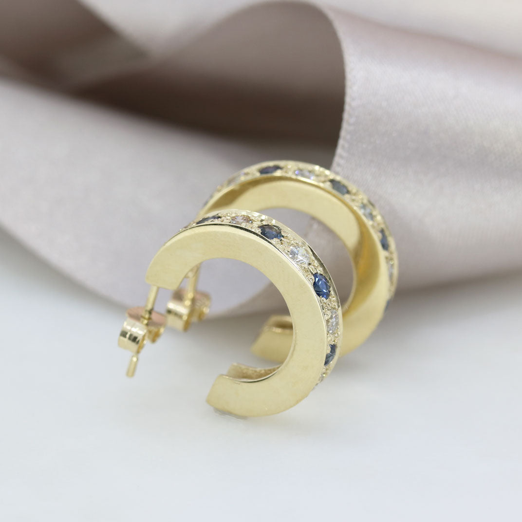 9ct Gold Sapphire & Diamond Chunky Half Hoop Earrings