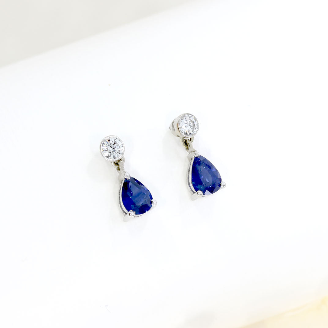 18ct White Gold Pear Shape Sapphire & Diamond Drop Earrings