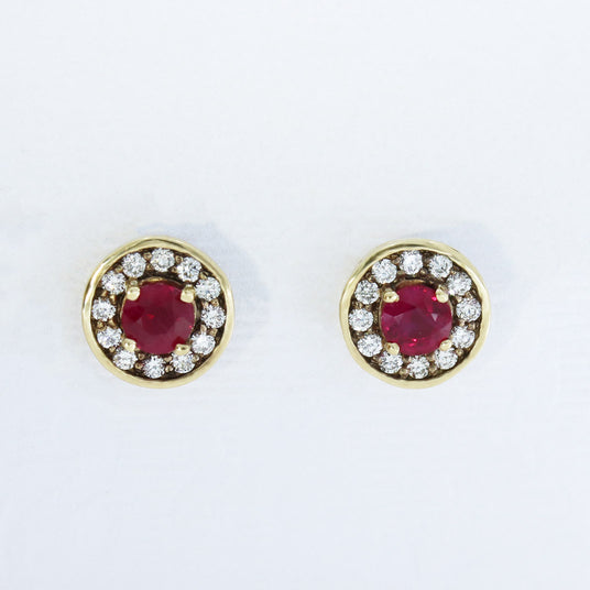 9ct Yellow Gold Ruby & Diamond Halo Stud Earrings