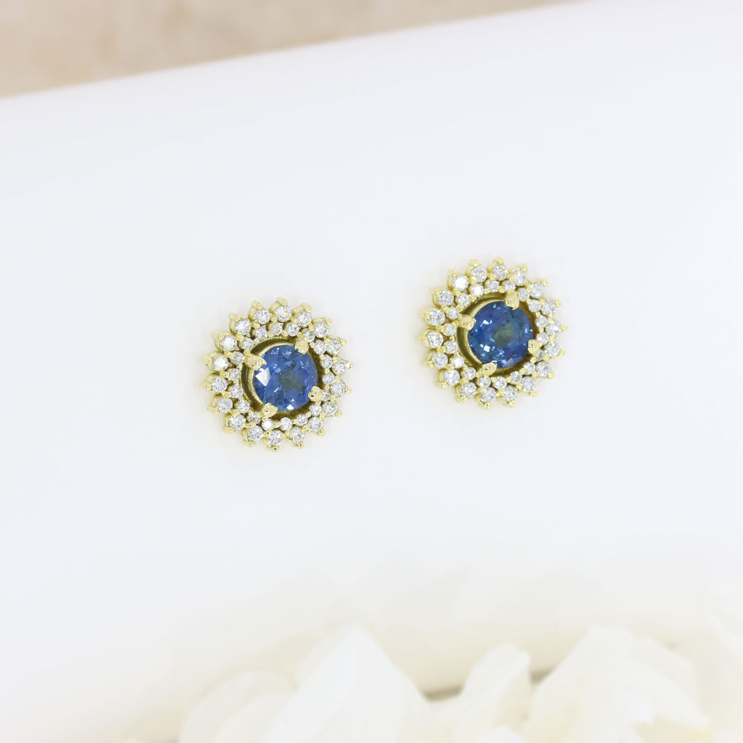 18ct Yellow Gold Sapphire & Diamond Cluster Earrings