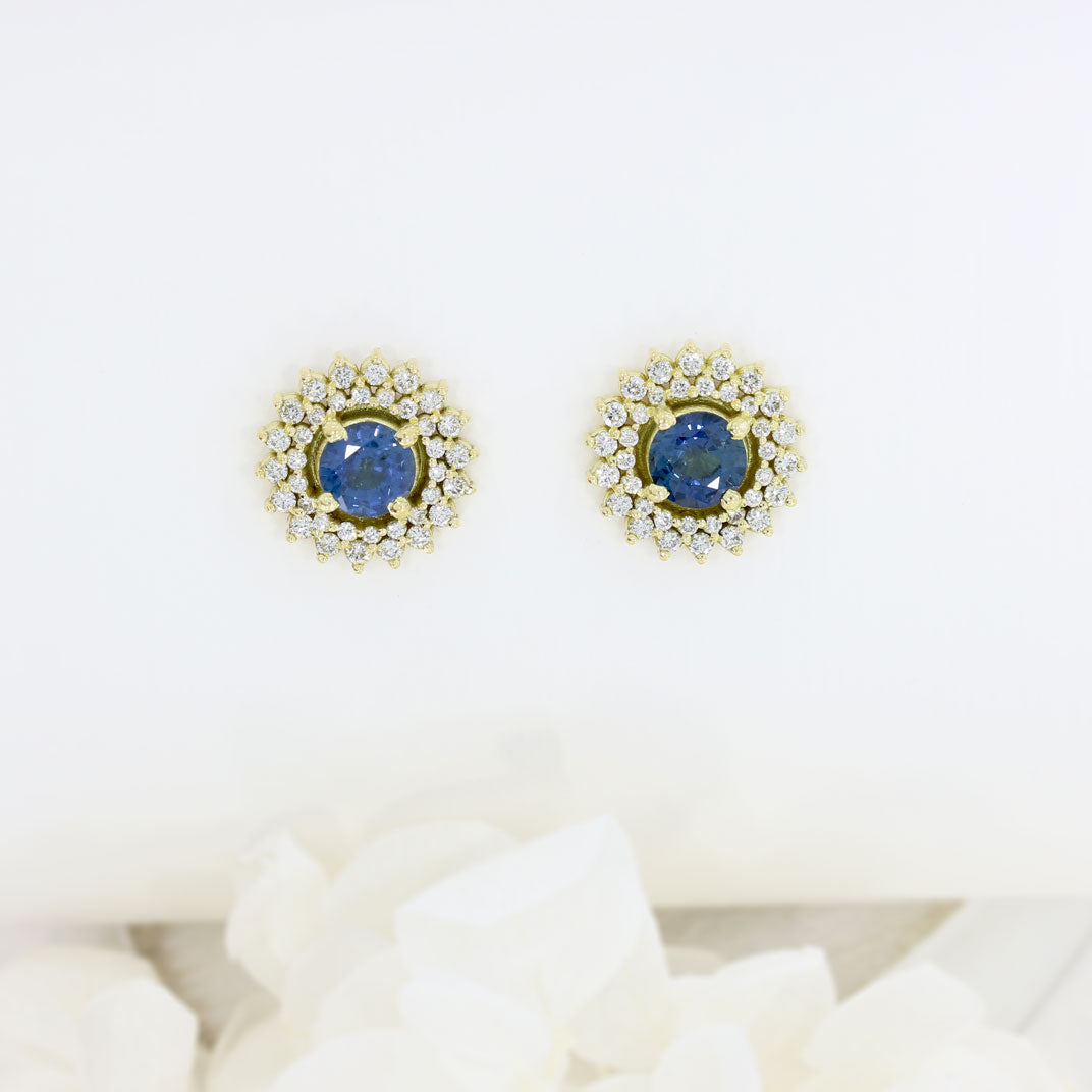 18ct Yellow Gold Sapphire & Diamond Cluster Earrings