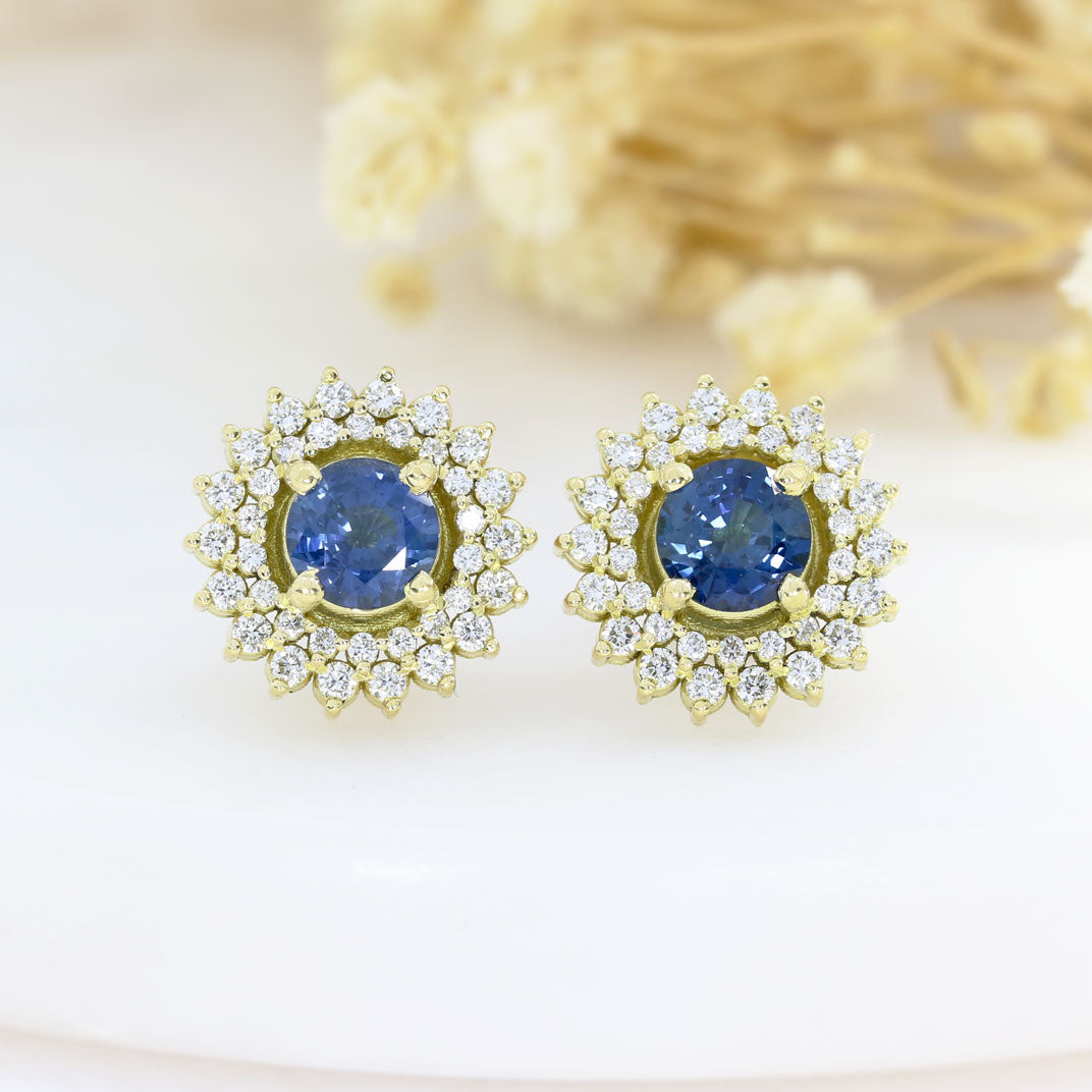 18ct Yellow Gold Sapphire & Diamond Cluster Earrings