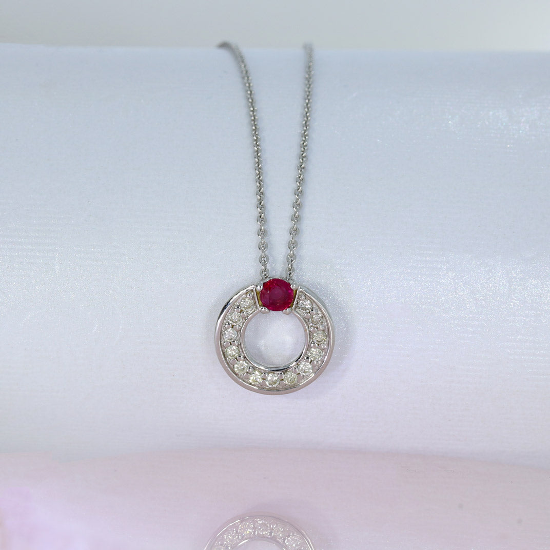 9ct White Gold Ruby & Diamond Open Circle Pendant on an 18inch White Gold Chain