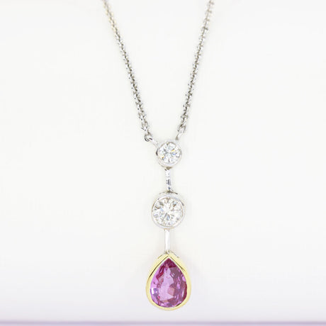 18ct Yellow & White Gold Pink Sapphire Drop Pendant On 18inch 18ct Chain
