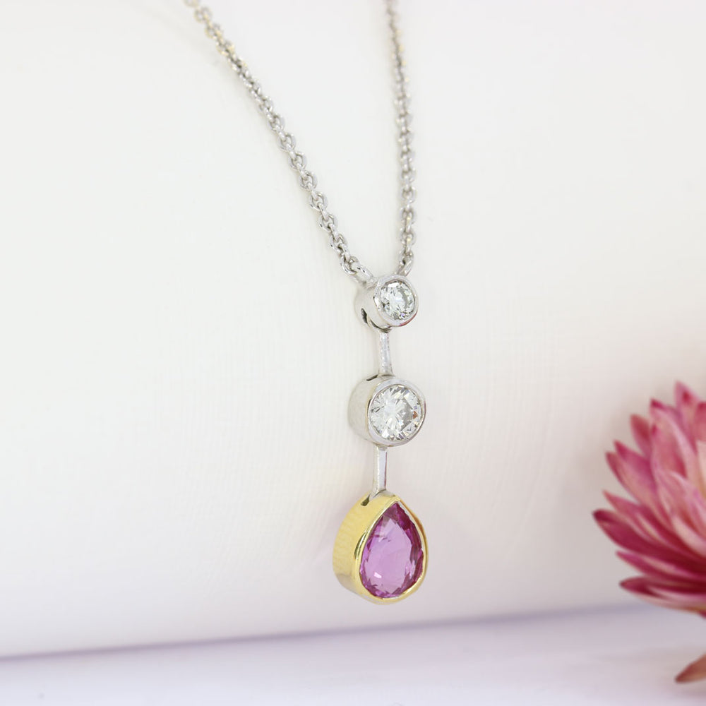 18ct Yellow & White Gold Pink Sapphire Drop Pendant On 18inch 18ct Chain