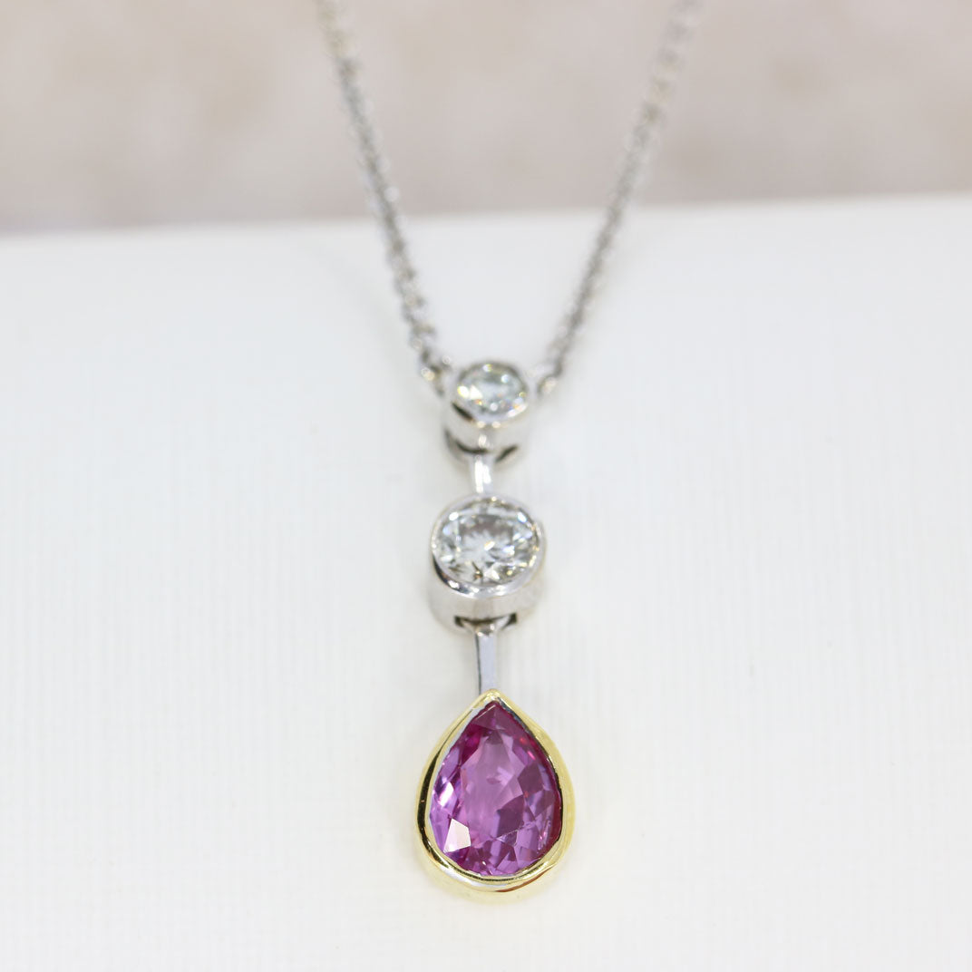 18ct Yellow & White Gold Pink Sapphire Drop Pendant On 18inch 18ct Chain