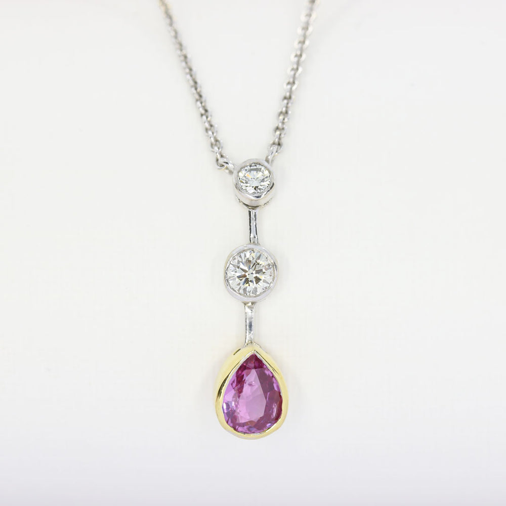 18ct Yellow & White Gold Pink Sapphire Drop Pendant On 18inch 18ct Chain