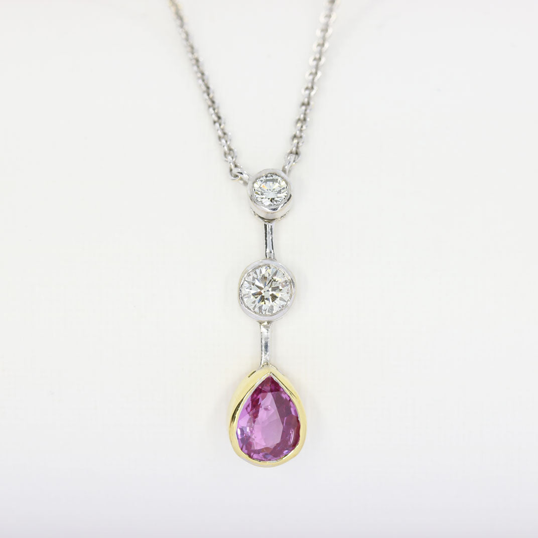 18ct Yellow & White Gold Pink Sapphire Drop Pendant On 18inch 18ct Chain