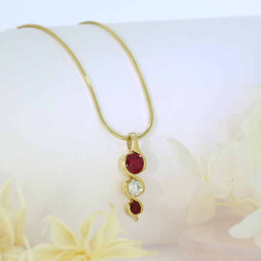 18ct Yellow Gold Ruby & Diamond Drop Pendant 16" 9ct Chain