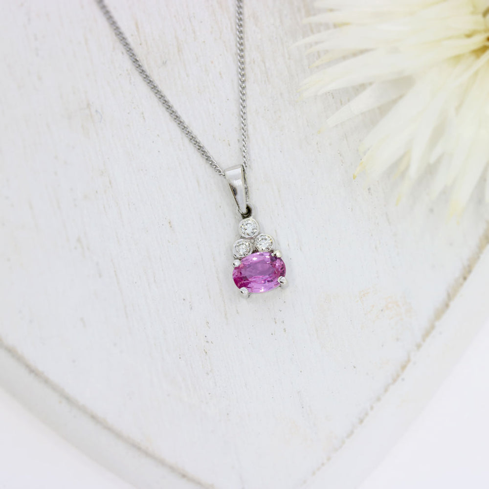 9ct White Gold Oval Claw Set Pink Sapphire & Diamond Pendant on 9ct White 16" Chain