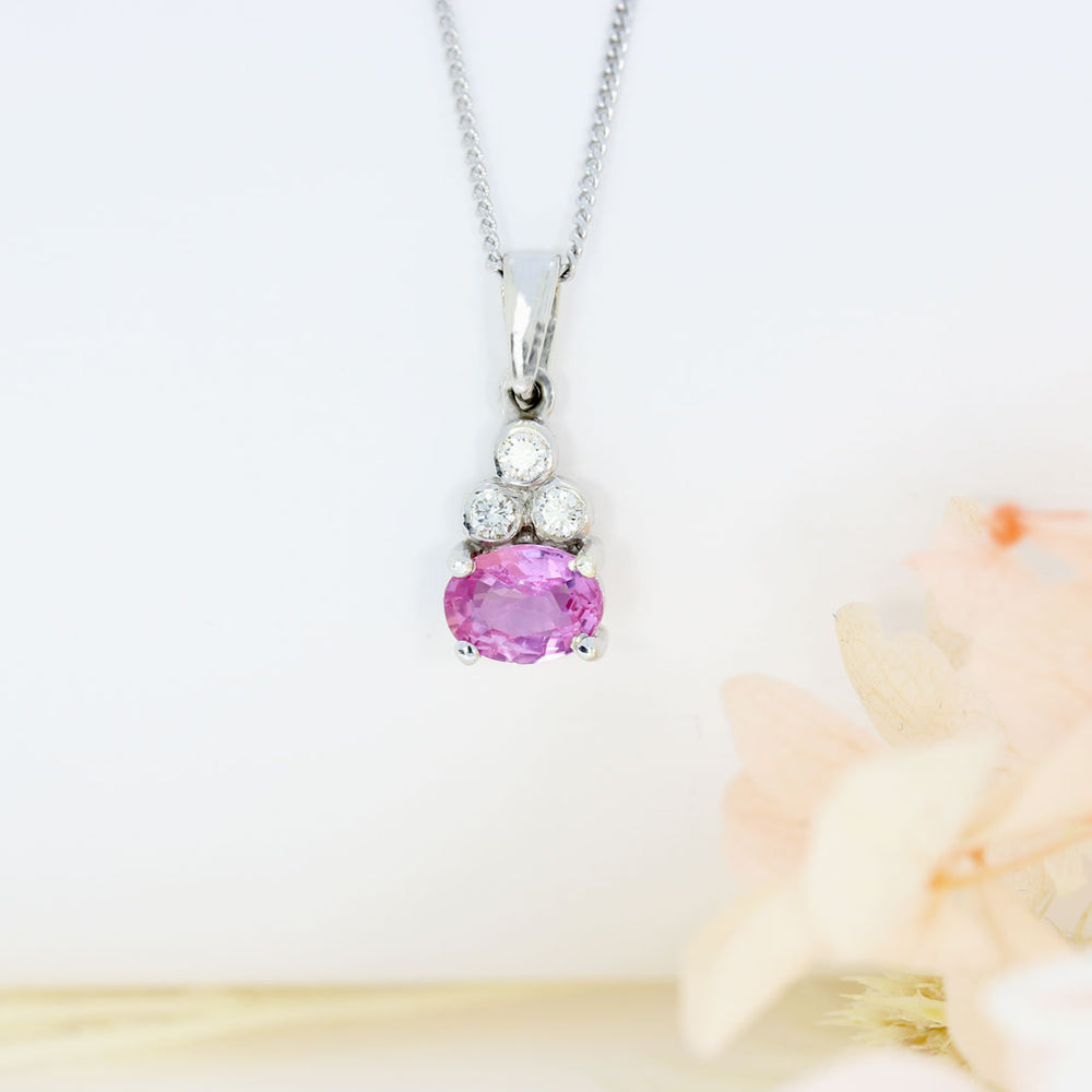 9ct White Gold Oval Claw Set Pink Sapphire & Diamond Pendant on 9ct White 16" Chain