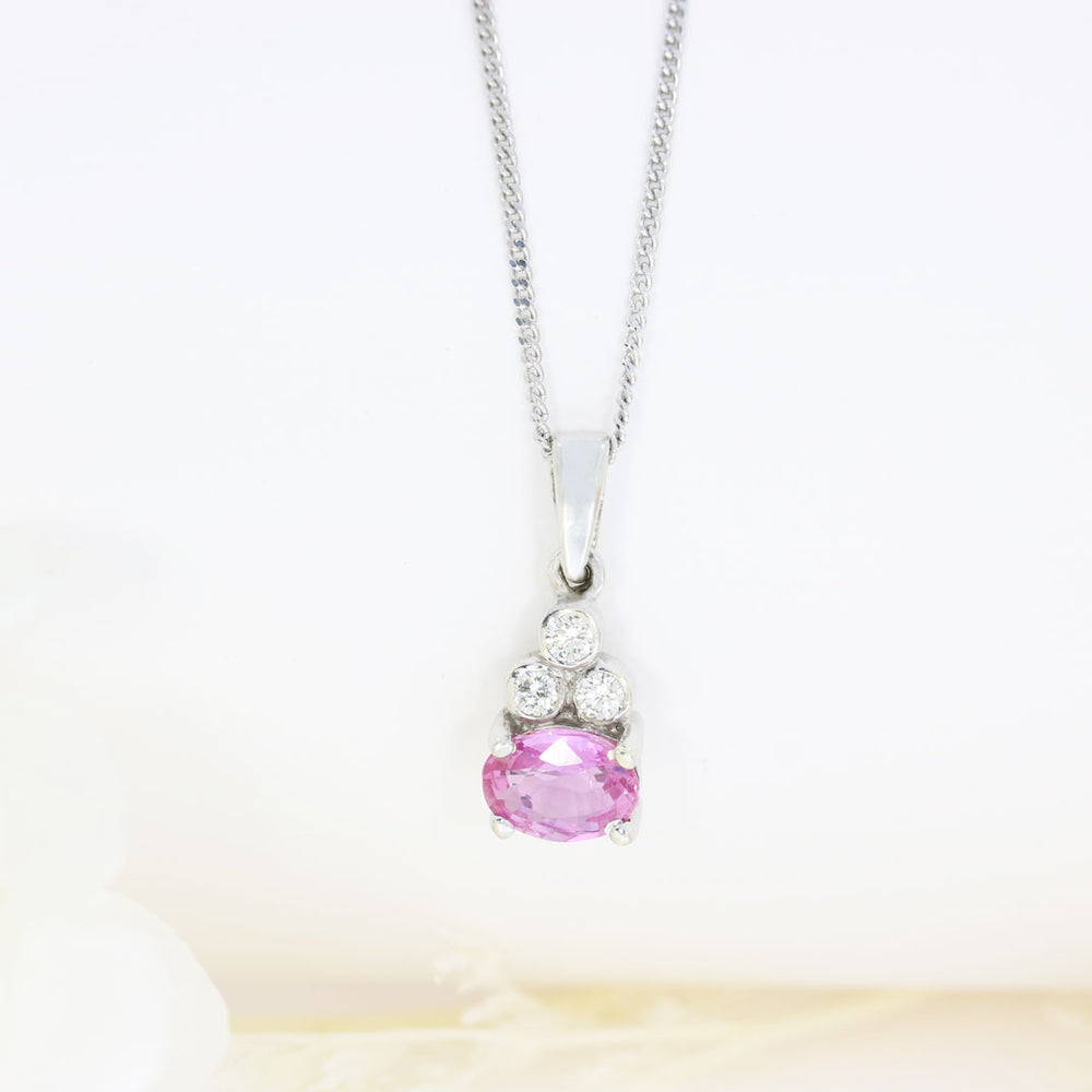 9ct White Gold Oval Claw Set Pink Sapphire & Diamond Pendant on 9ct White 16" Chain