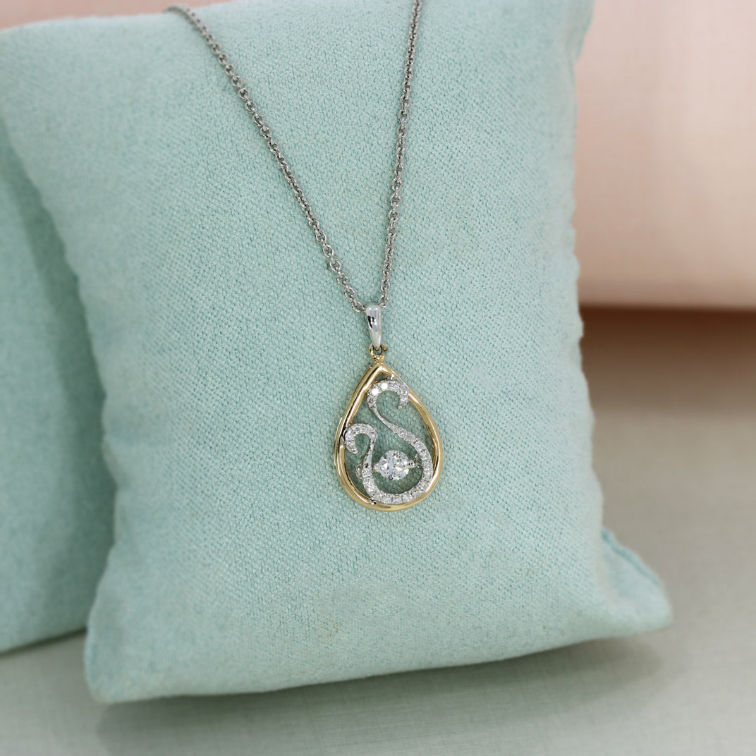 18ct Rose and White Gold Teardrop Pendant With Fancy Diamond Swirl Detail