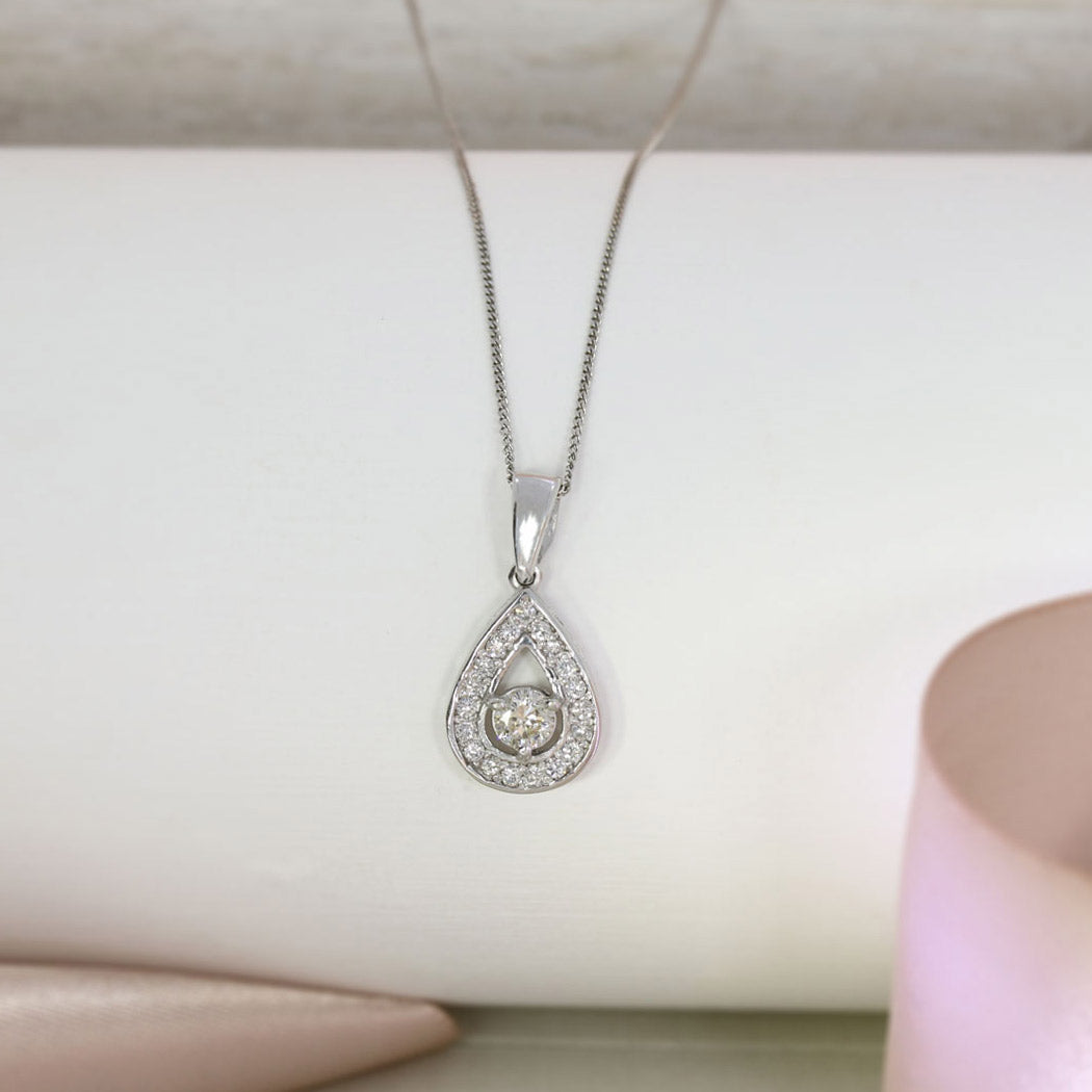 9ct White Gold Pear Shaped Diamond Cluster Pendant On 9ct 18inch Chain