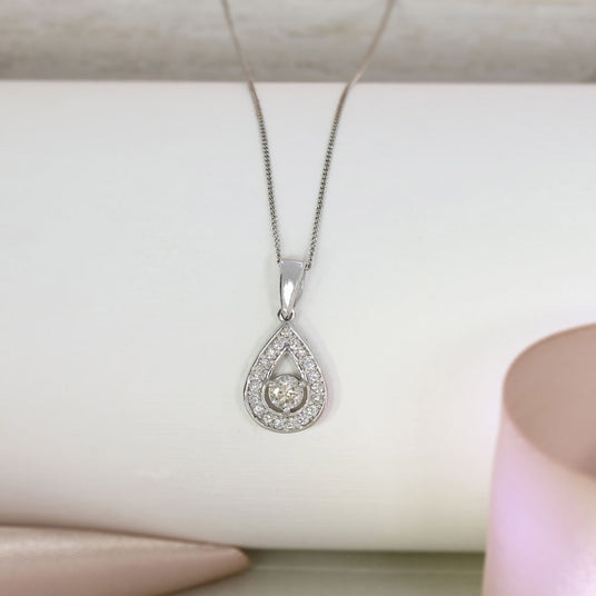 9ct White Gold Pear Shaped Diamond Cluster Pendant On 9ct 18inch Chain