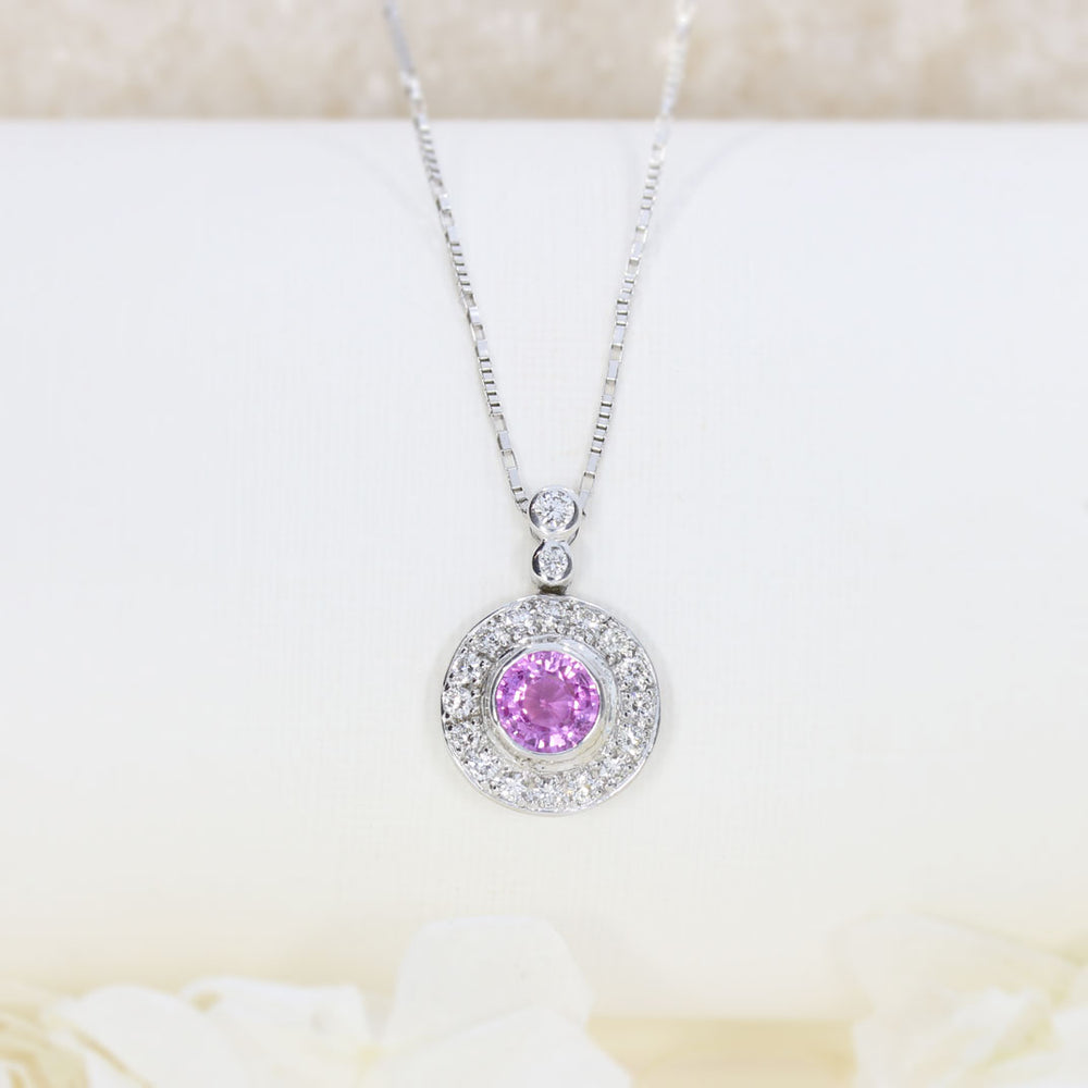 18ct White Gold Pink Sapphire and Diamond Halo Pendant on 18ct White 18" Chain