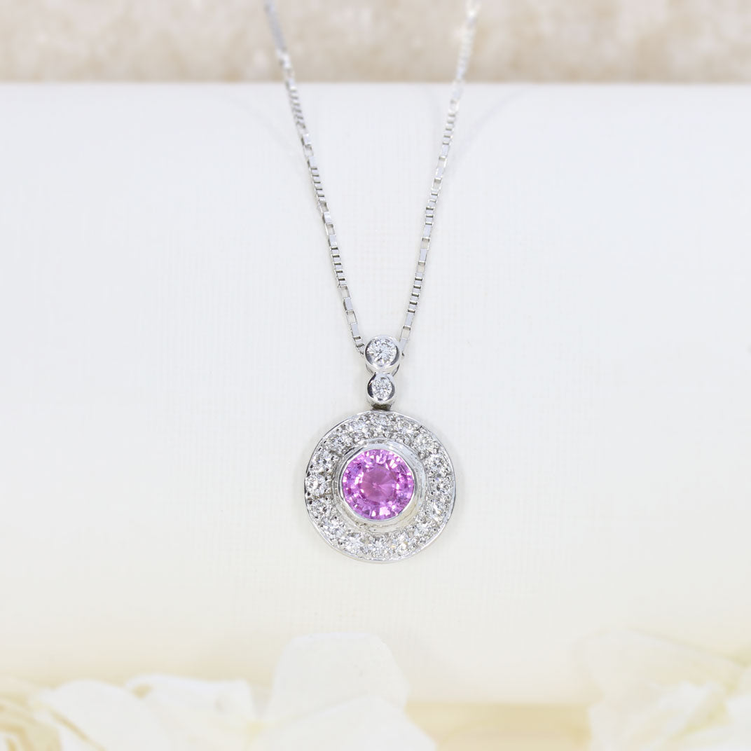 18ct White Gold Pink Sapphire and Diamond Halo Pendant on 18ct White 18" Chain