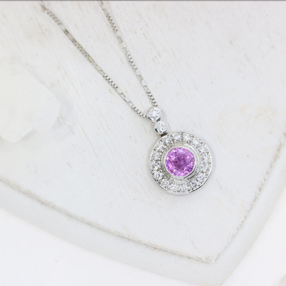 18ct White Gold Pink Sapphire and Diamond Halo Pendant on 18ct White 18" Chain