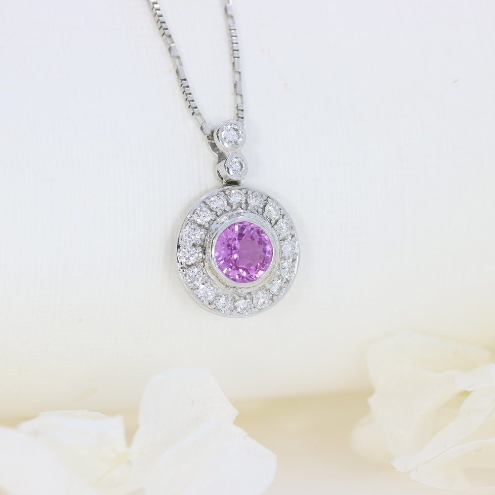 18ct White Gold Pink Sapphire and Diamond Halo Pendant on 18ct White 18" Chain
