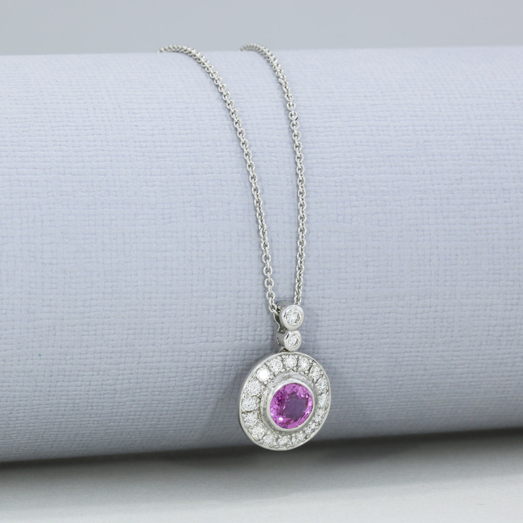 18ct White Gold Pink Sapphire and Diamond Halo Pendant 18" Chain