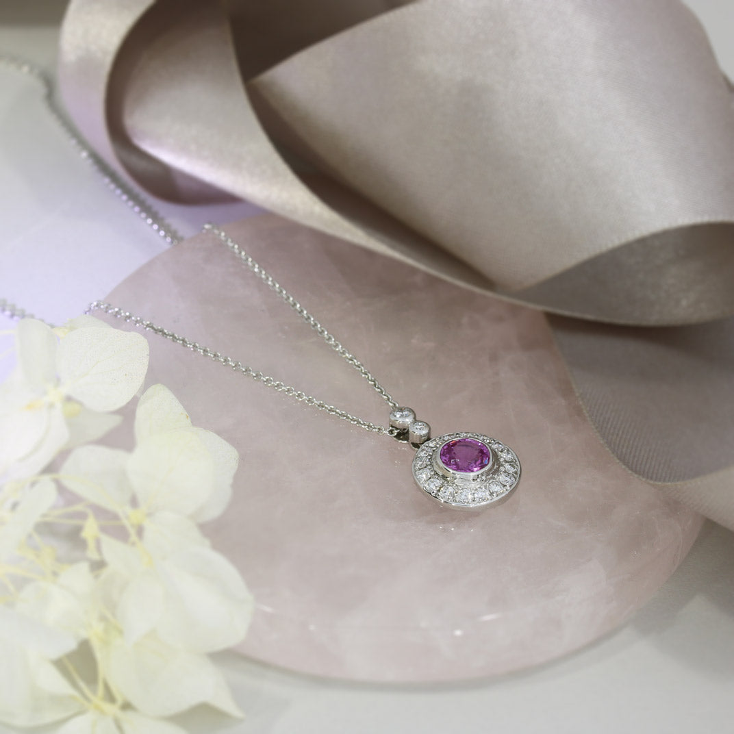 18ct White Gold Pink Sapphire and Diamond Halo Pendant 18" Chain