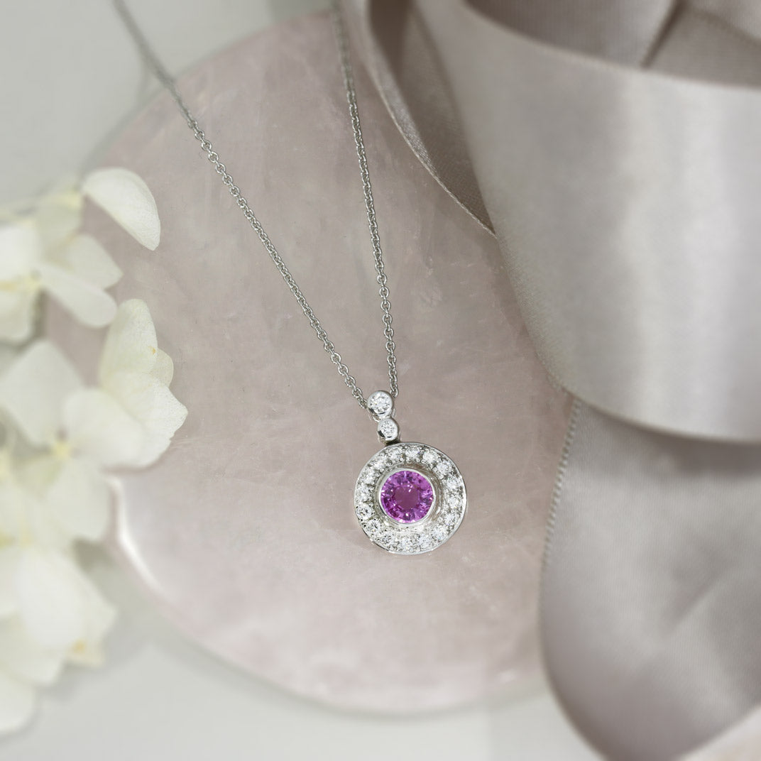 18ct White Gold Pink Sapphire and Diamond Halo Pendant 18" Chain