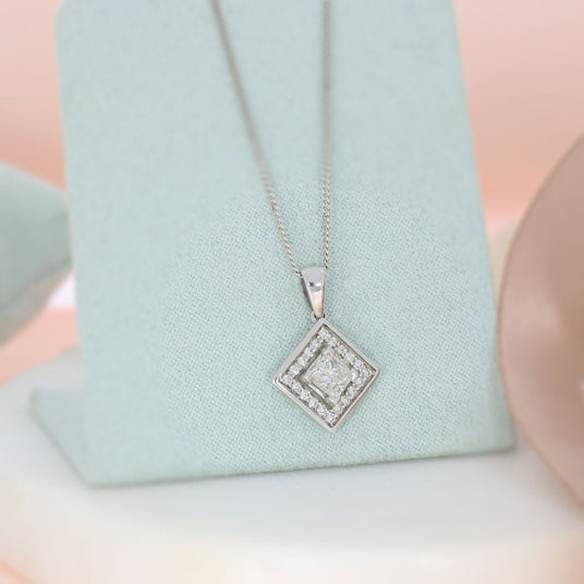 18ct White Gold Square Diamond Cluster Pendant on 18ct 16 Inch Chain 0.64ct