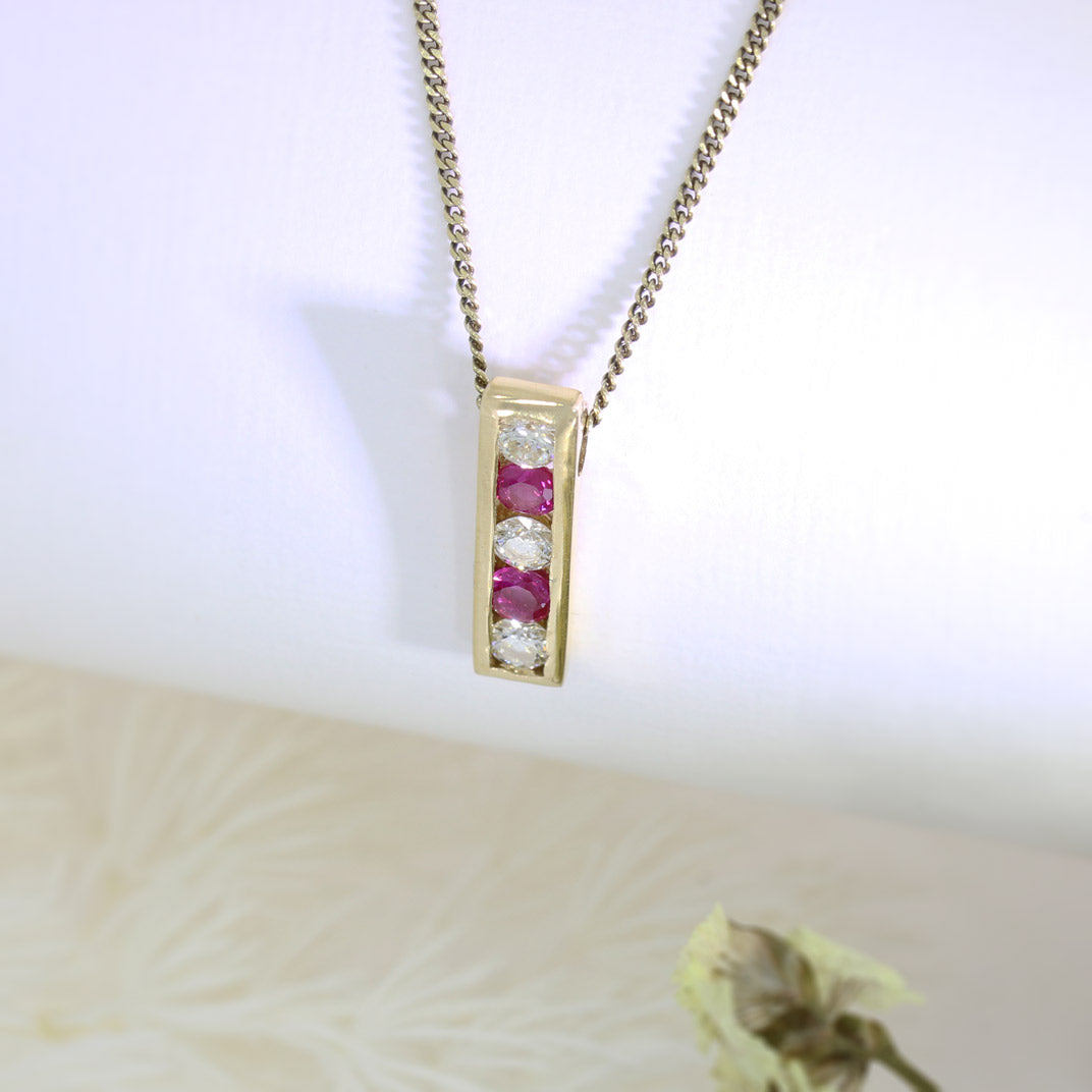 18ct Yellow Gold Ruby & Diamond Drop Pendant on 9ct 16" Chain