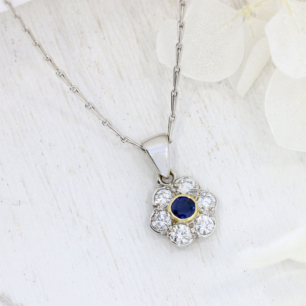 18ct White Gold Sapphire & Diamond Flower Cluster Pendant 16" Hayseed Chain