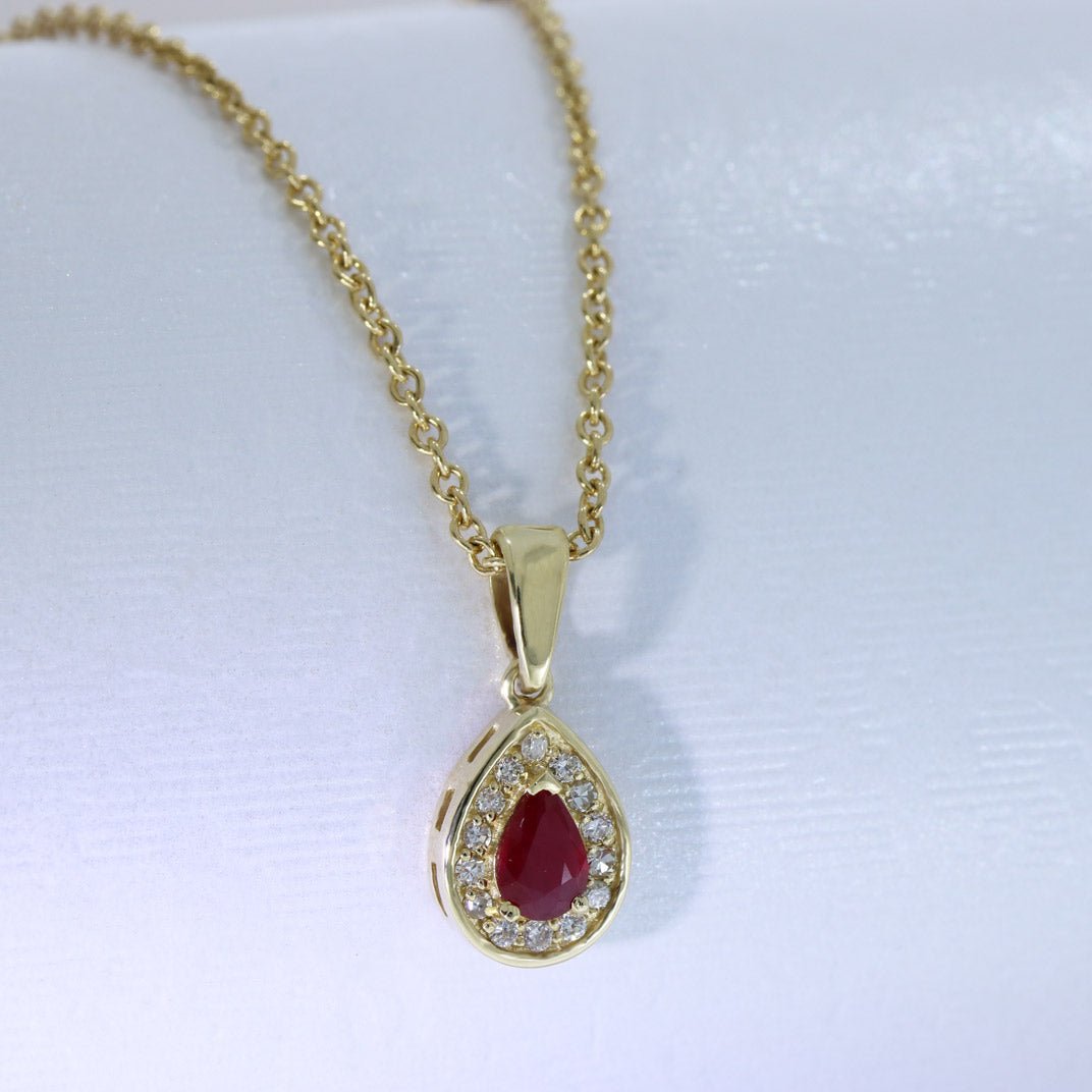 9ct Yellow Gold Ruby & Diamond Halo Pendant With 18" 9ct Chain