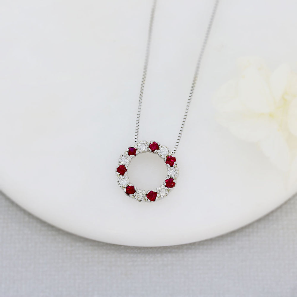 9ct White Gold Circle Pendant with Claw Set Rubies & Diamonds
