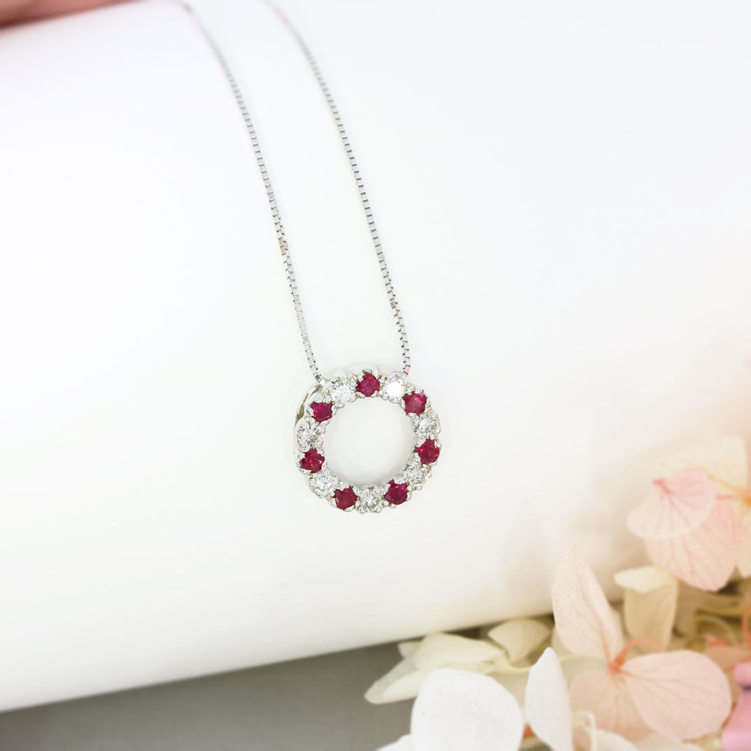 9ct White Gold Circle Pendant with Claw Set Rubies & Diamonds