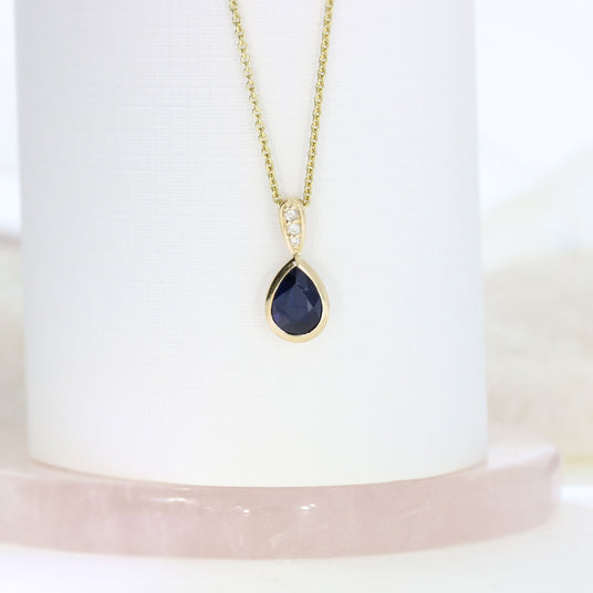 9ct Yellow Gold Pear Shape Sapphire & Diamond Pendant on 9ct Gold 18inch Chain