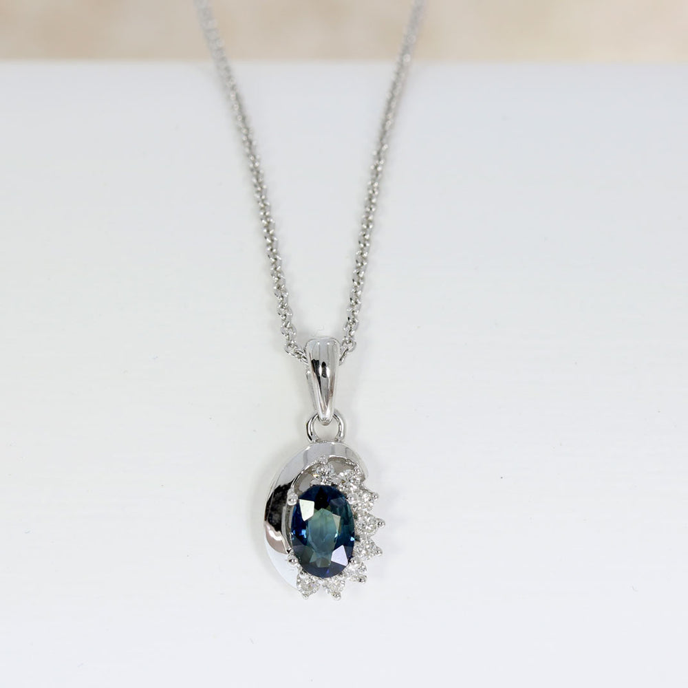 9ct White Gold Oval Sapphire & Diamond Pendant on a 9ct Gold 20" Chain