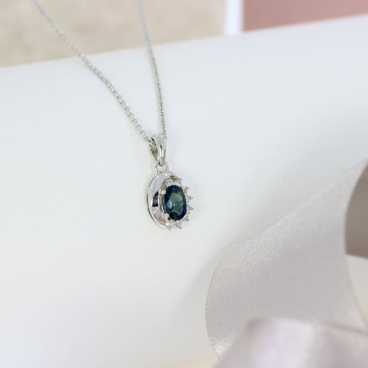 9ct White Gold Oval Sapphire & Diamond Pendant on a 9ct Gold 20" Chain
