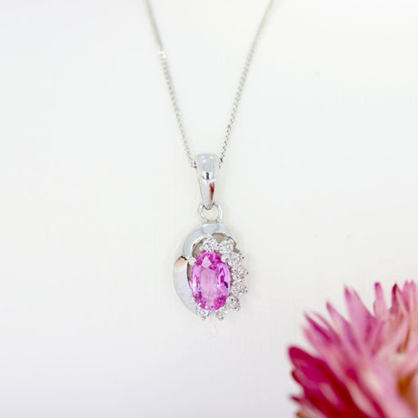 Oval Pink Sapphire & Diamond Cluster Pendant on 9ct 18inch Chain