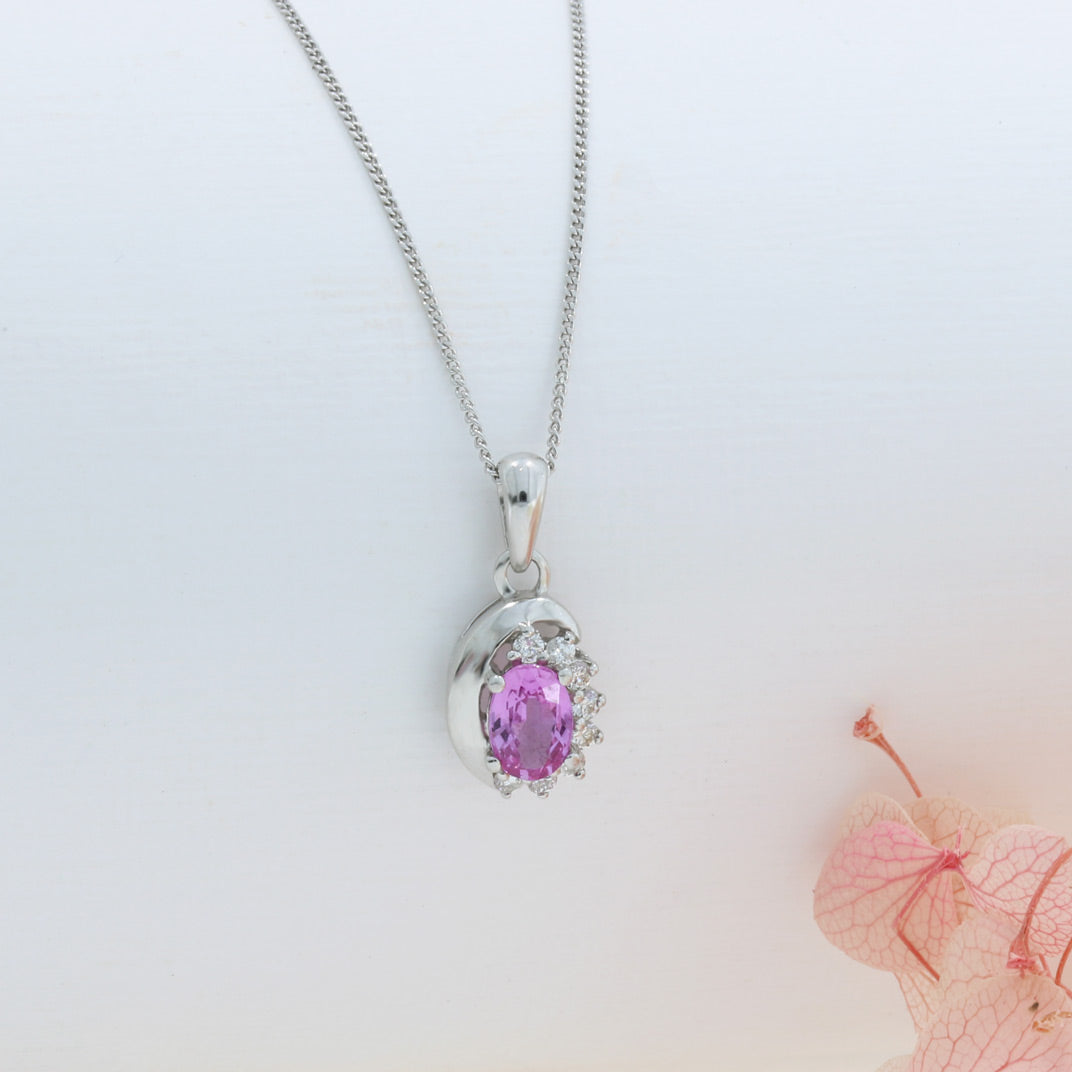 9ct Gold Pink Sapphire & Diamond Cluster Pendant on 9ct 18inch Chain