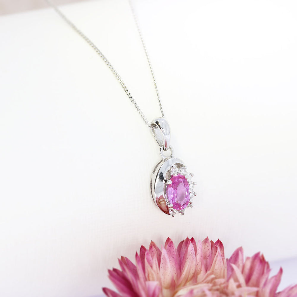 Oval Pink Sapphire & Diamond Cluster Pendant on 9ct 18inch Chain