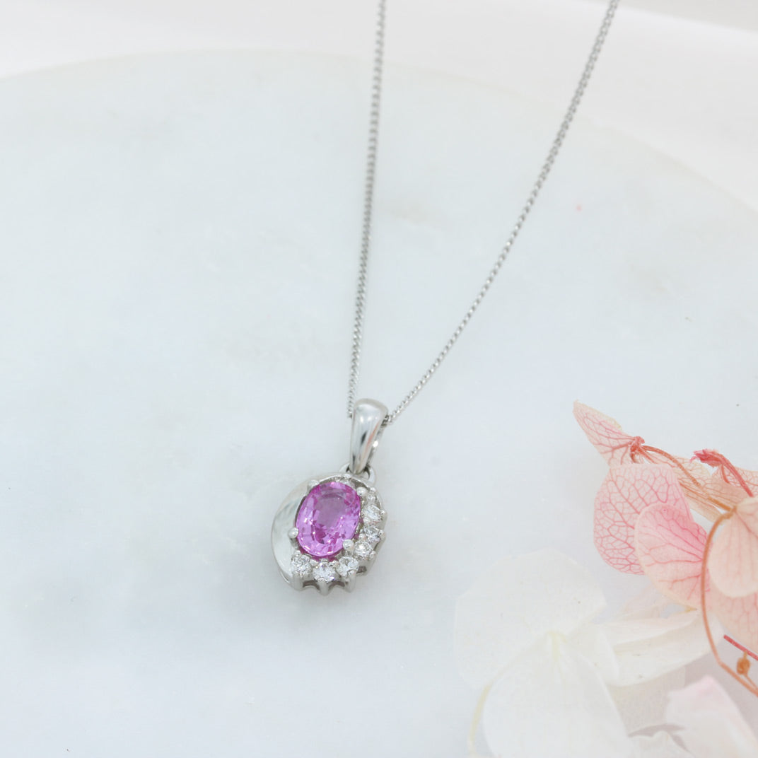 9ct Gold Pink Sapphire & Diamond Cluster Pendant on 9ct 18inch Chain