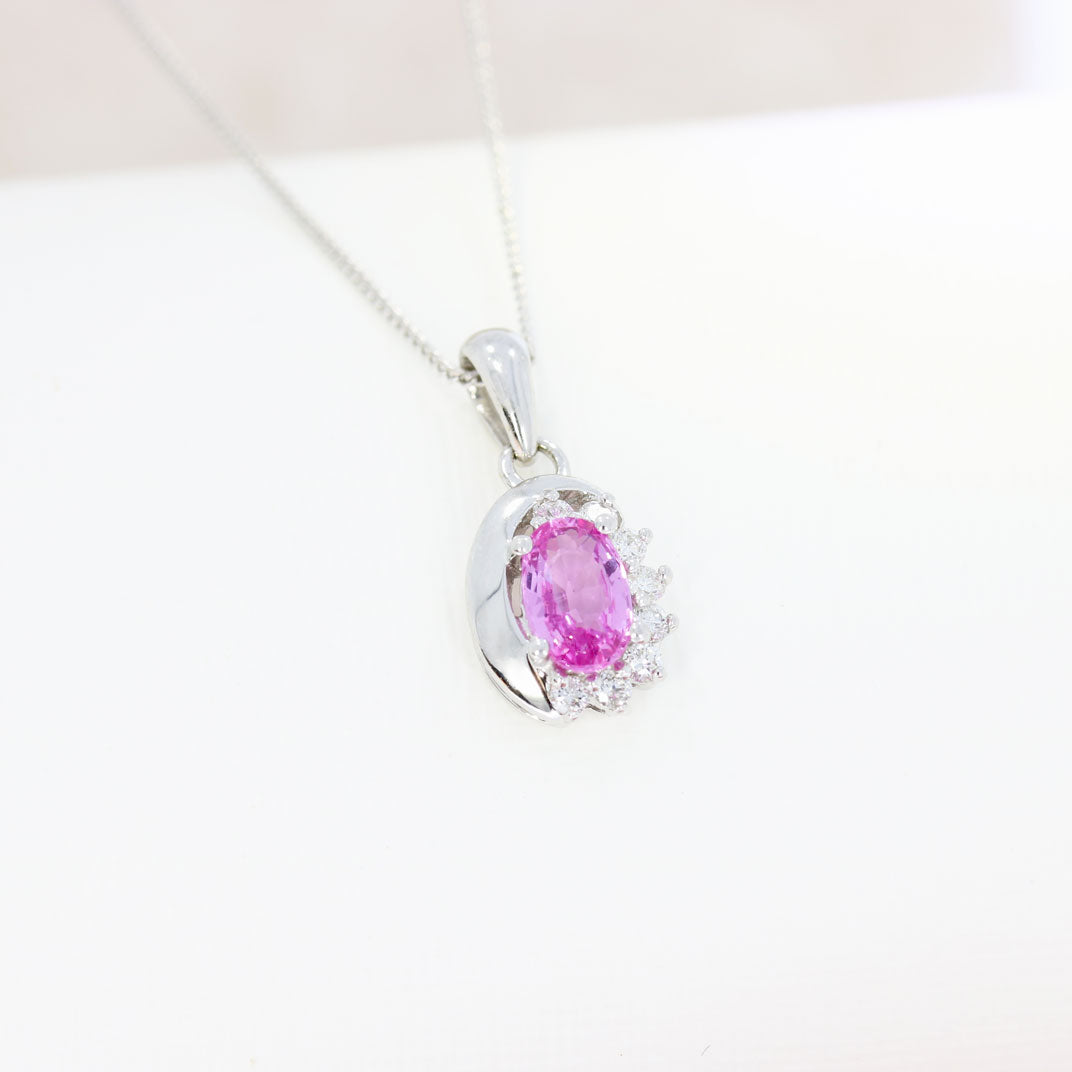 Oval Pink Sapphire & Diamond Cluster Pendant on 9ct 18inch Chain