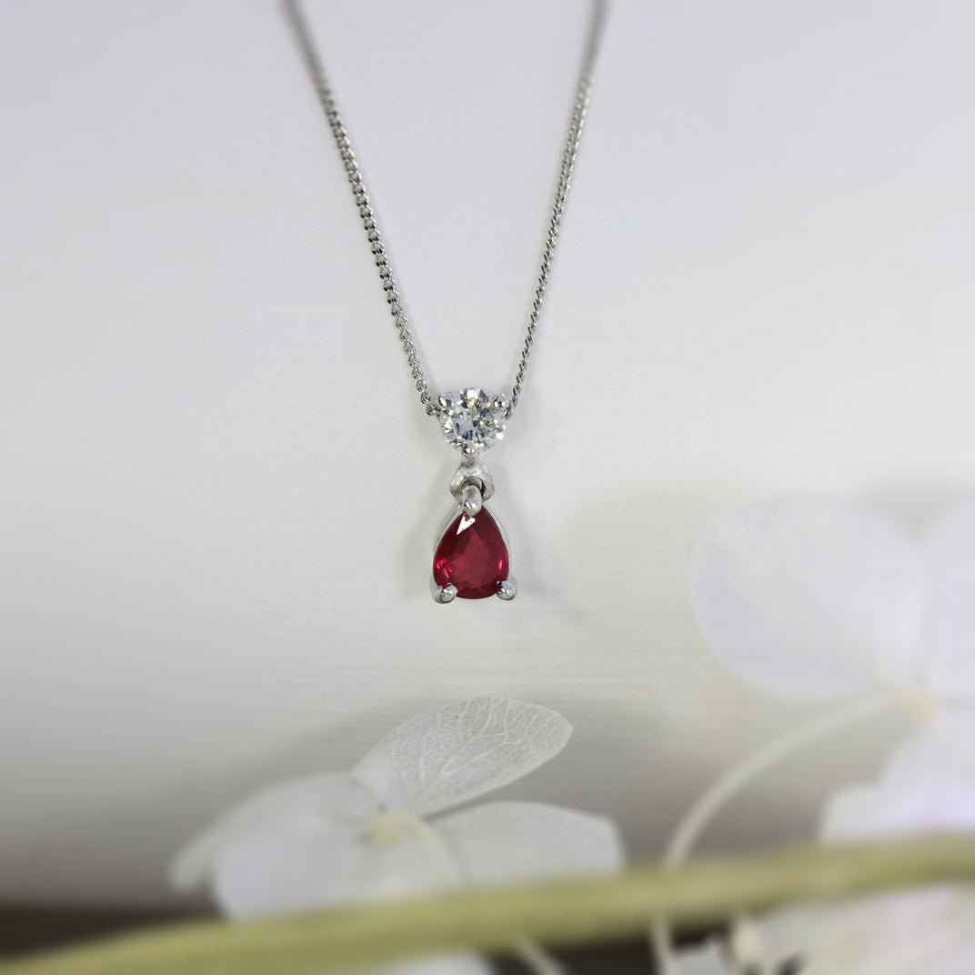 9ct White Gold Pear Shaped Ruby & Diamond Pendant on 9ct 18inch Chain